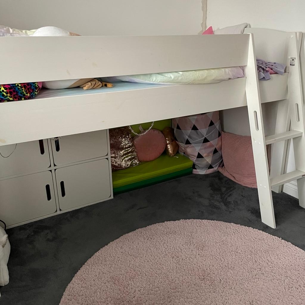 White Stompa mid Sleeper single bed with slight night kids mattress. Clean and only used for 2 years. Child has outgrown it. Strong bed with wooden slat base. Smoke and pet free. Will need to be assembled. Payment with cash at Collection only from BOLTON. Need to sell ASAP.