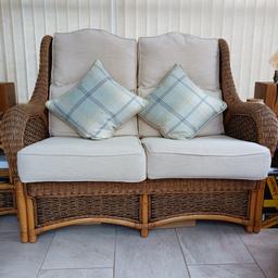 Conservatory furniture - consisting of one two seater sofa, two armchairs, two side tables and one stool.
Used but good condition. Slight sun fade on back cushions. Must be able to collect and cash on collection.