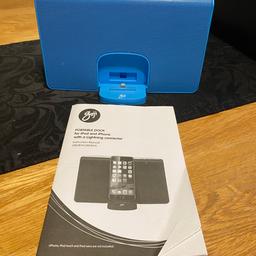 Portable Dock station in blue with charger and instructions, been used but no longer needed as still in good condition perfect for listening to music through your phone or iPad. . Collection Loughborough