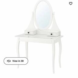 Ikea Hemnes white dressing table with mirror and stool. There is a small bit of paint that has come off which can be seen in the photo. Dressing table bought for rrp£179 and stool for £20. Selling for £120 altogether. Price can be negotiable.
