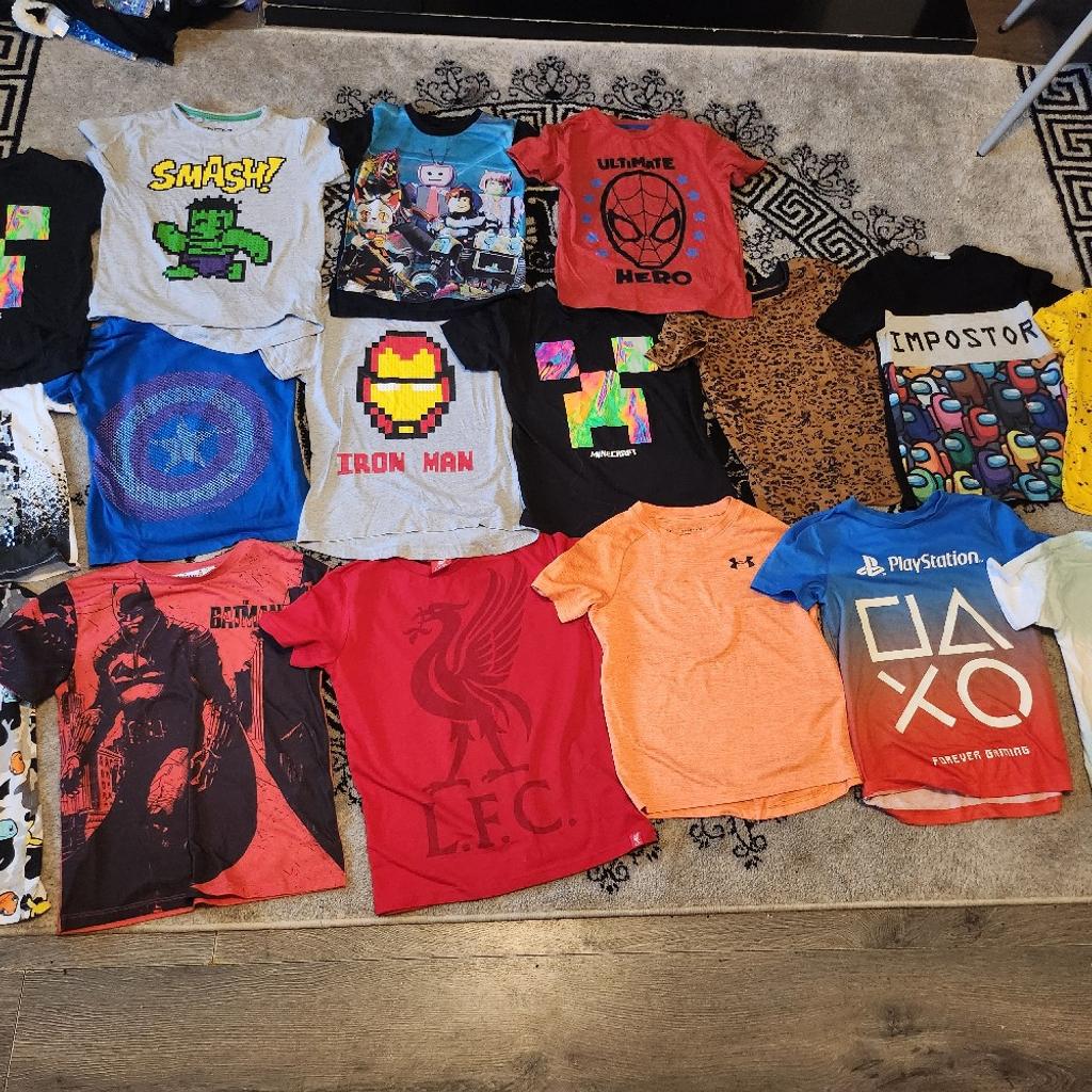 like new boys summer t shirts 17 in total exvellent condition from pet and smoke free home pick up only l10 fazakerley dont post age 7 7 t 8 years includes minecraft under armour pokemon marvel spiderman iron man hulk playstation among us roblox captain america batman lfc other prints