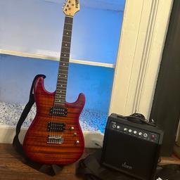 Practically brand new electric guitar kit. No damage, fully works, comes with amp, brand new replacement stings, guitar tuner, carry case and some other bits.