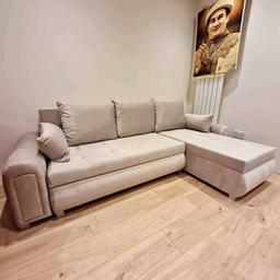 Excellent High Quality upholstery Corner Sofa Bed.

Advance built in mattress for extra comfort with double storage space.

The chaise lounge can be placed LEFT or RIGHT easily.

Size of L shape: 245cm by 150cm

Size of bed: 200cm by 140cm.

Can easily sleep 2 adults.

Comes in 3 pieces for easy transportation and to take through tight narrow space.

Contact me on my business WhatsApp for more information
(07438091615).