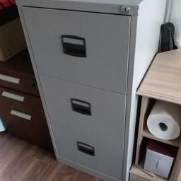 Three drawer filing cabinet with many suspension files inside. Very good condition, lockable with key. Dimensions: Height 102 CMS Width 47 CMS Depth 62 CMS. Collection only, will need two strong people to collect.