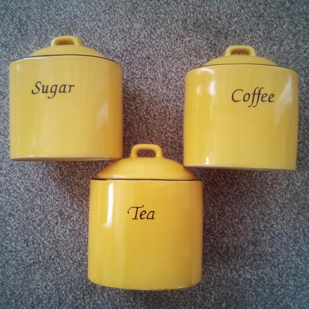 retro yellow tea,coffee and sugar canisters. as new.