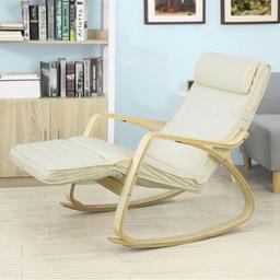Armrest Frame: Birch veneer, clear acrylic lacquer.
Cover: Washable by upholstery shampoo.
Dimensions: W56 x D80 x H90cm.
Cushion Color: Cream, also available for red and black.
Weight: 10kg.
Maximum load: 120kg.

* Relaxing rocking chair with comfortable cushion.
* Integrated footrest, adjust to 5 positions to meet different demands.
* Armrest frame: Birch veneer with clear acrylic lacquer. Cover: Washable by upholstery shampoo.
* Cushion Color: Cream, also available for red and black; Maximun load: 120kg.
* Mats on the bottom of the chair leg to prevent the floor from damage (self-adhesive).

RRP: ~ £90
Collection only please.
I’m selling because I’m doing some renovations and won’t be needing the chair. Pet and smoke-free environment. Thank you.