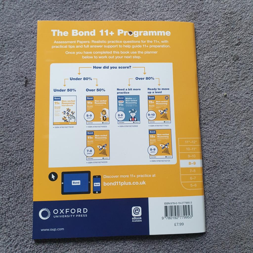 brand new unused Bond Non verbal reasoning book, for 11+ test, 8-9 years old.

*have the non verbal 10min tests book too, for different ages, used condition. see other listing please.
*CAN POST TOGETHER.

*PET FREE SMOKE FREE HOME
*Thanks for viewing