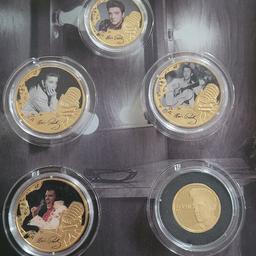 Elvis Presley The King Of Rock N' Roll coin collection
There are 6x 24ct Gold Layered photographic coins. The 9ct Gold coin is also present, which The London Mint Office are charging £560 for on its own
All Certificates are present and all coins are in mint condition