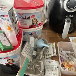 Three boxes of lactol puppy milk all in date, two half full one unopened, feeding bottles, syringes thermometer, puppy tags, pet wipes, hygiene wipes, different teats, iodine, umbilical, cord scissors, cord clamps and instructions
I do have a puppy heat mat also available on one of my other posts