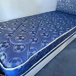 Here we have the blue football set - divan base with slide storage 
Deep Quilted Mattress
comes complete with a matching headboard
                            ⭐️ £200 ⭐️ 

⭐️ also available in pink Lovehearts design 

⭐️ deep quilted 8 inch mattress 

⭐️ same day delivery available (excludes Sundays )

⭐️ in shop to come and view 

⭐️ slider is universal 

B&W BEDS 

Unit 1-2 Parkgate Court 
The gateway industrial estate
Parkgate 
Rotherham
S62 6JL 
01709 208200
Website - bwbeds.co.uk 
Facebook - B&W BEDS parkgate Rotherham 

Free delivery to anywhere in South Yorkshire Chesterfield and Worksop on orders over £100
Same day delivery available on stock items when ordered before 1pm (excludes sundays)

Shop opening hours - Monday - Friday 10-6PM  Saturday 10-5PM Sunday 11-3pm
