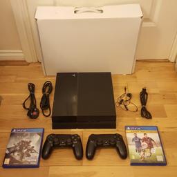 BOXED SONY PS4 CONSOLE 500GB COMPLETE WITH ALL LEADS AND 2 OFFICIAL CONTROLLERS WITH 2 GAMES. COMES IN OVERALL GOOD CONDITION AND IS FULLY TESTED AND WORKING FINE.