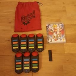 JOB LOT OF 7 WIRELESS BUZZERS FOR PS3/PS2 - COMPLETE WITH USB DONGLE ADAPTER, OFFICIAL RED POUCH BAG AND "BUZZ QUIZ TV" GAME. FULLY TESTED AND WORKING FINE