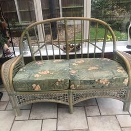 Good Quality Conservatory sofa and chairs - seat cushions just need recovering. Chair and sofa back cushions need replacement. Matching Coffee and side tables. Suit keen DIYer