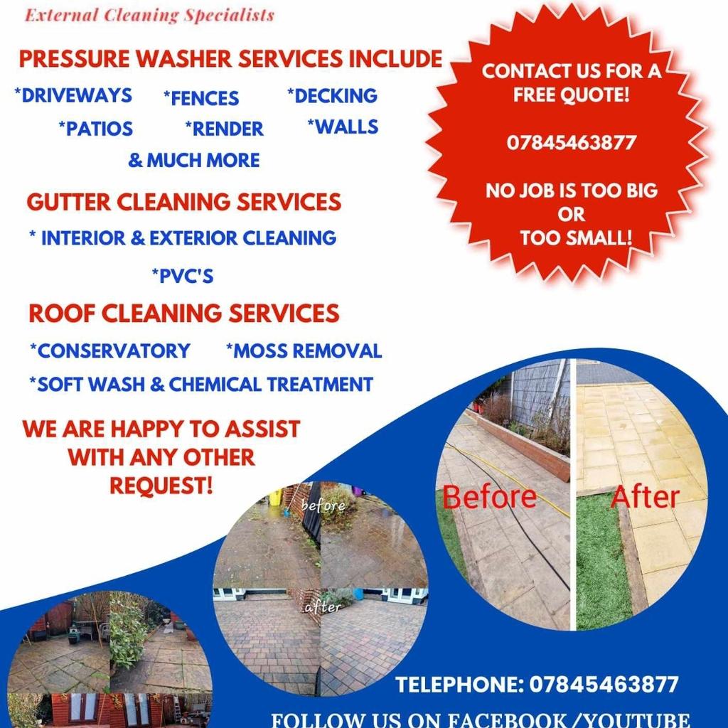 R.R.M External Cleaning Specialist offer a Professional Pressure Washer, Gutter, roof and window cleaning Services. The external appearance of your building is just as important as the interior.
☆Pressure washer services:
• driveway
• patio
• render
• fences
• decking
• walls
• more
☆Gutter cleaning services:
• interior and exterior cleaning
• Pvc's
☆ roof cleaning services:
• moss removal
• soft wash and chemical treatment
Happy to assist with any other requests.