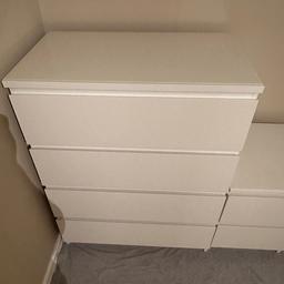 White Malm chest of 4 draws and bedside cabinet with 2 draws both have soft close fitted to the draws £65 for the 4 draw chest and £35 for the bedside cabinet ono any questions please ask and I will answer asap and thank you for looking
