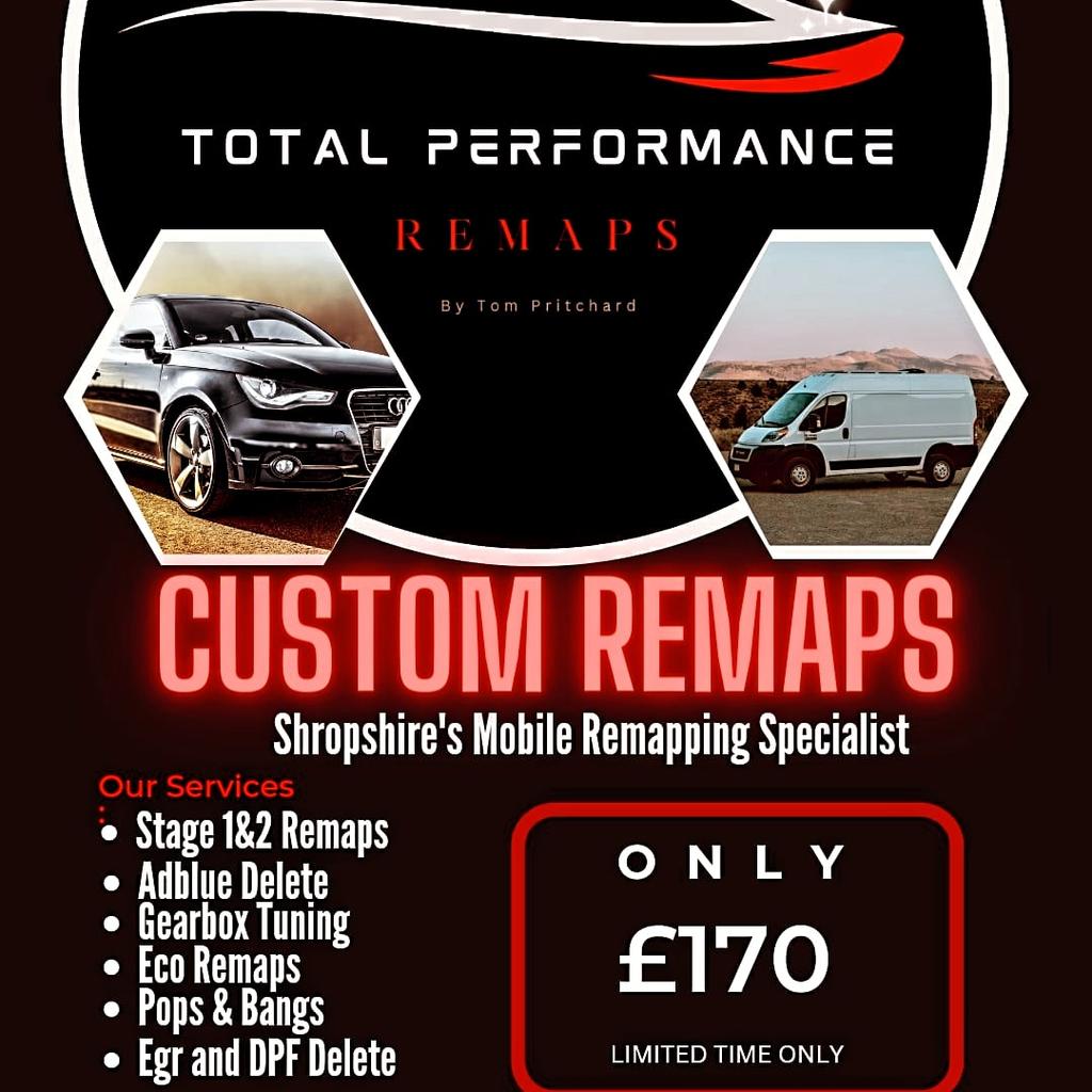 OFFERING a wide range of services available to All Cars ,Vans ,Motorhomes,Trucks, Motorbikes
Only £170 for a limited time only
⛽️ Improved Fuel Economy
📈 Enhanced BHP and Torque
🚦 Improved Throttle Response
📊 Smoother Power Delivery
⚡️ Flat Spots Removed/Reduced
**Our Expert Services:**
🏁 Stage 1&2 Remap
🌎 Economy/50-50 Remaps to improve mpg ,ideal for Vans
Adblue EGR DPF delete
Popcorn/Pops and Bangs
🍒Fault code deletion
Contact Us
📞 07487737377
🌐total-performance.co.uk