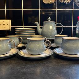 Discontinued Denby colonial blue dinnerwear, set consisting of Tea pot, 6 cups, 6 saucers, 5 side plates, 5 bowls, jug and sugar bowl. In very good condition with some signs of wear as expected, one bowl has a small chip on underneath as shown in picture. Buyer to collect from b773pg or can be delivered locally for additional cost. I will not post due to cost and risk of damage.