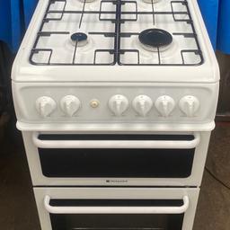 Hello welcomes to my ad,This Hotpoint HAG51P 50cm double oven gas cooker comes in a white colour with four gas burners,ignition button,double glazed door in the main oven,catalytic liners in both ovens,easy clean enamel,three shelves,grill pan and handle,heavy pan support,main oven is conventional with a cooking capacity of 61 litres while second oven (top) is gas grill with 25 litres very clean and tidy dimensions are H:900 W:500 D:600 cash on collection at B18 7QD 71-79 western road or delivery for extra fee , for more details message me thanks .