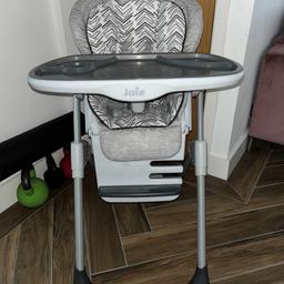 Joie Mimzi high chair
Folds slim
Adjustable foot rest and shoulder straps
In very good condition

Can drop off if local