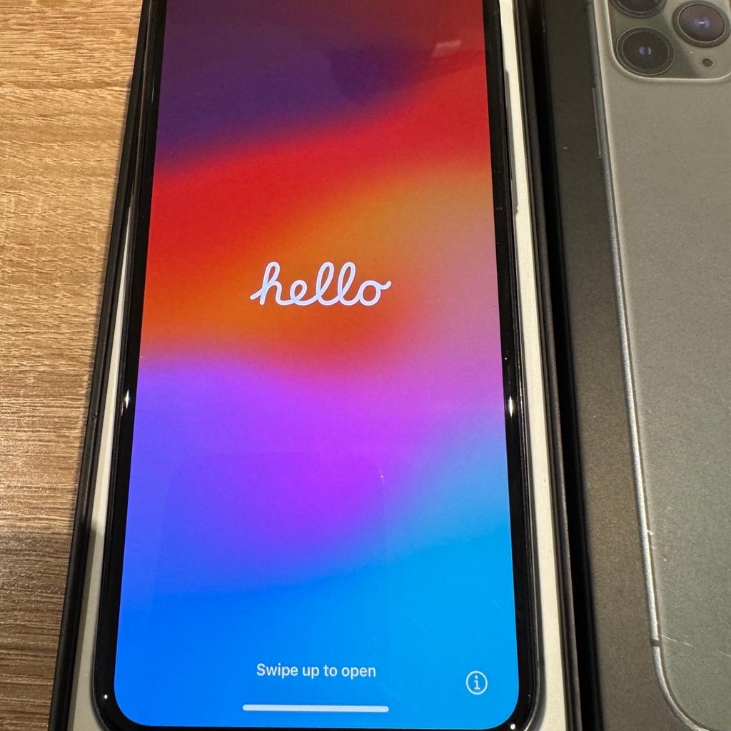 **SENSIBLE OFFERS ONLY!**

Apple iPhone 11 Pro Max 256GB in Midnight Green.
Factory reset and SIM free.

Phone has been in protective case since purchase. I had the screen replaced by Apple Birmingham under AppleCare+ Warranty in 2021 due to being dropped on driveway; small scuffs along bottom bezel as seen in photo, but screen protector put on top as soon as replaced.

Battery life still very good, around 79%.

Included with original box packaging, instructions, 3 pin plug with USB C connection and a new official Apple USB C to lightning charging cable.

Local collection or can deliver, message to discuss.