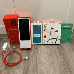 Bundle includes;

- OnePlus 8 Pro Phone (Phone is in full working order and is in excellent condition.  The screen is in immaculate perfect condition with no scratches on as shown in the pictures.  The back of the phone is also in immaculate perfect condition, as shown in the pictures.  There are a couple of tiny, pin sized chips on the top and sides of the phone and where small bits of grit have got underneath the case. Other than this, the phone is immaculate.  Phone comes with pre applied screen and camera protectors installed)

- Warp Charger & USB Charger Cable (N.B. the USB C cable is fraid at the USB C connector end, but is in full working order)

- Official OnePlus 'Never Settle' Clear Case (BRAND NEW)

- Official OnePlus 8 Pro Sandstone Bumper  Case (BRAND NEW)

- OnePlus Bullets Wireless Z Earphones (BRAND NEW)

- Tempered Glass Screen Protector (BRAND NEW)