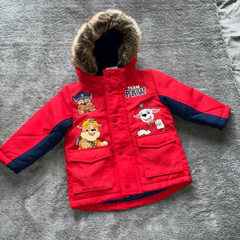 Boys paw patrol red Parker coat size 1 - 1 1/2 years fur lined and fur hood zip up front fastening and press stud fastening brand new with tags