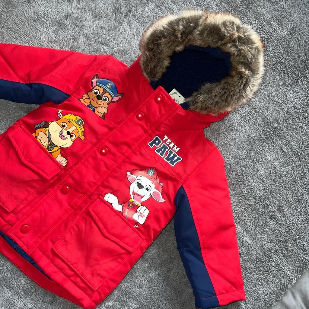 Boys paw patrol red Parker coat size 1 - 1 1/2 years fur lined and fur hood zip up front fastening and press stud fastening brand new with tags