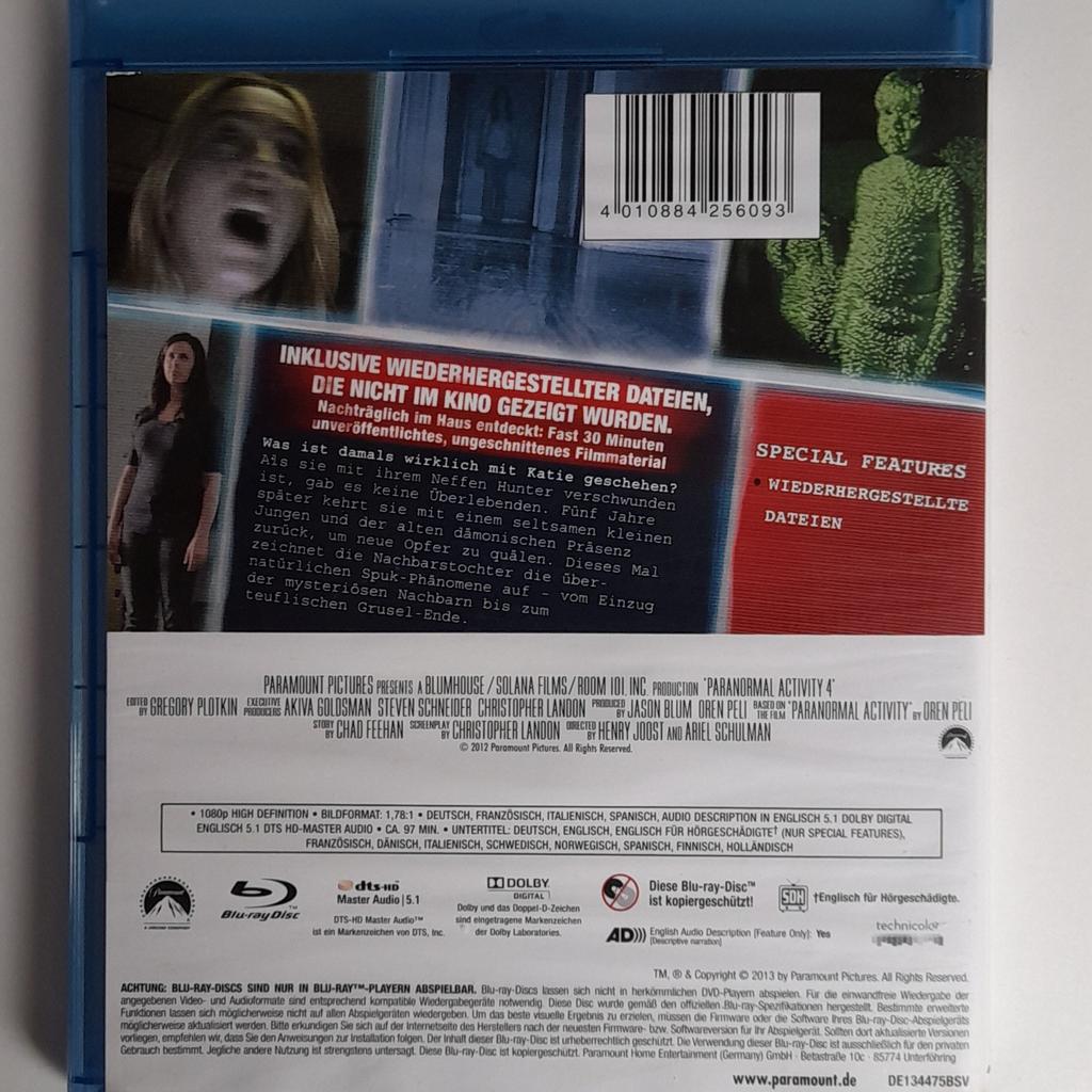 Biete hier die Blu Ray "Paranormal Activity 4" an.

Extended Cut & Kinoversion.
Der Film wurde 2 mal angeschaut.
FSK 16
Filmdauer 97 Minuten

Paypal / Banküberweisung ist vorhanden.
Bei Interesse bitte melden. 
Keine Garantie und Rücknahme. 
Bitte beachten Sie auch meine anderen Anzeigen.