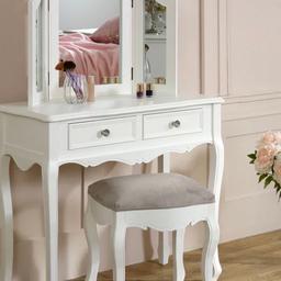 Shabby chic dressing table with stool.Excellent condition!!rarely been used
Table has 2 pullout draws with Crystal handles and stool has velvet covering.
W 90cmx H 80cm x D 40cm table
W 60cmx  H 84cmx D 2cm. Mirror
RRP 340