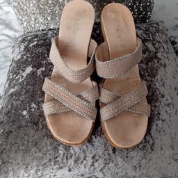 Lovely wedge sandals worn a bit but no damage at all Natural Hessian straps edged in silver collection Halewood L26
