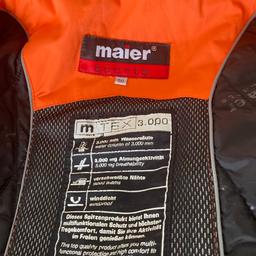 This ski jacket is a size 50 not sure this sizing but it a Large is windproof water column 3,000 mm breathability no rips or tears the colour orange, black and white good condition 