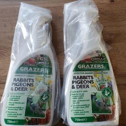 both £15

Grazers G1 – Diluted RTU (750ml)
Rabbits, Pigeon, Deer & Geese
Ready to Use – helping garden plants to help themselves, whilst safe to all wildlife

750ml ready to use treats approx 30sq.m)
Effective against damage from rabbits, deer, pigeons & geese
(Also against mice, vole and squirrel damage)
Used successfully by farmers since 1999
Safe to use on edible and ornamental plants
Absorbed and grows with the plant
Lasts up to 6 weeks
Harmless to people & pets
Strengthens and stimulates growth