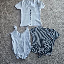 Ladies Top Bundle × 3
Size UK 8
Includes:

1 × Boohoo. White. Ribbed. Button detail. Short Sleeve. Top

1 × Miss selfridge. Navy blue and cream. Striped. Tie Waist. Short sleeve. Crop Top. T Shirt.

1 × Miss selfridge. White. Bodysuit.

Can be purchased separately. Please message if you wish to build own Bundle or purchase items separately. Thank you ")