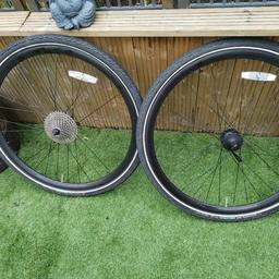 2 wheel and tyres off my cannondale neo electric bike 700 x 38crear wheel has 10 speed cassette. Tyres very good wheels are like new.