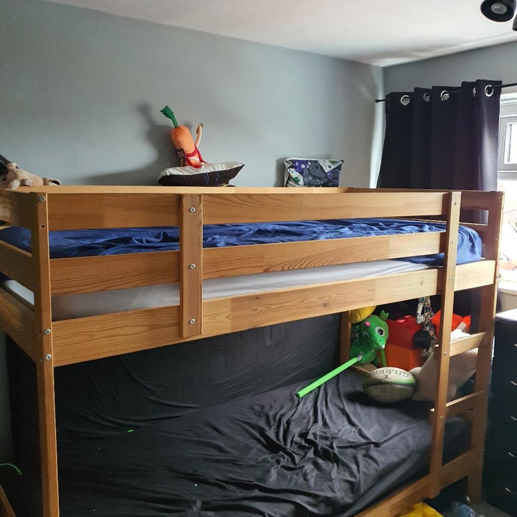 ikea wooden bunk bed for sale. some discolouration to the woodwork which can not be seen when built and child has written her name on the inside of the top bunk, but this does not detract from its use. could easily be painted and upcycled to suit room.
bed has been slept in by 2 teenage boys up until this week, very sturdy design. mattresses not included. originally cost £279.