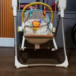 Very clean baby multistage swing can be used from birth. It is in used condition minimal sign of wear minus a little bit of seat seam coming undone can easily be repaired and you wouldn't noticed it can be seen in last picture, does not affect use I still put my baby in it, selling due to space open to reasonable offers