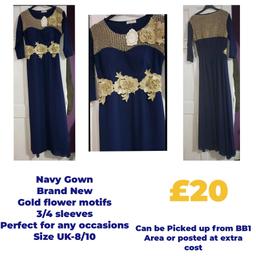 womens navy gown with gold motifs. 3/4 sleeves. Brand new. perfect for any occasions. Size UK-8/10.