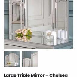 This stunning Large Triple Mirror from our Chelsea collection is the perfect statement piece to add to any home. Made of wood and glass, this mirror comes with an adjustable triple mirror design and a curved arched design. Ideal for sitting on a dressing table or bathroom vanity, this table top silver triple mirror would add a touch of glamour to any room. The mirror lends itself beautifully to either contemporary or more traditional home decor, perfect for adding a touch of decorative flair to your home. A great mirror for beauty lovers ideal for those who practice make up or hair. This would also be perfect to go with our matching dressing table also from our Chelsea collection creating the perfect place to get ready.
This is brand new in box and retails for £96 I'm selling for £60 why not check out my other items for sale