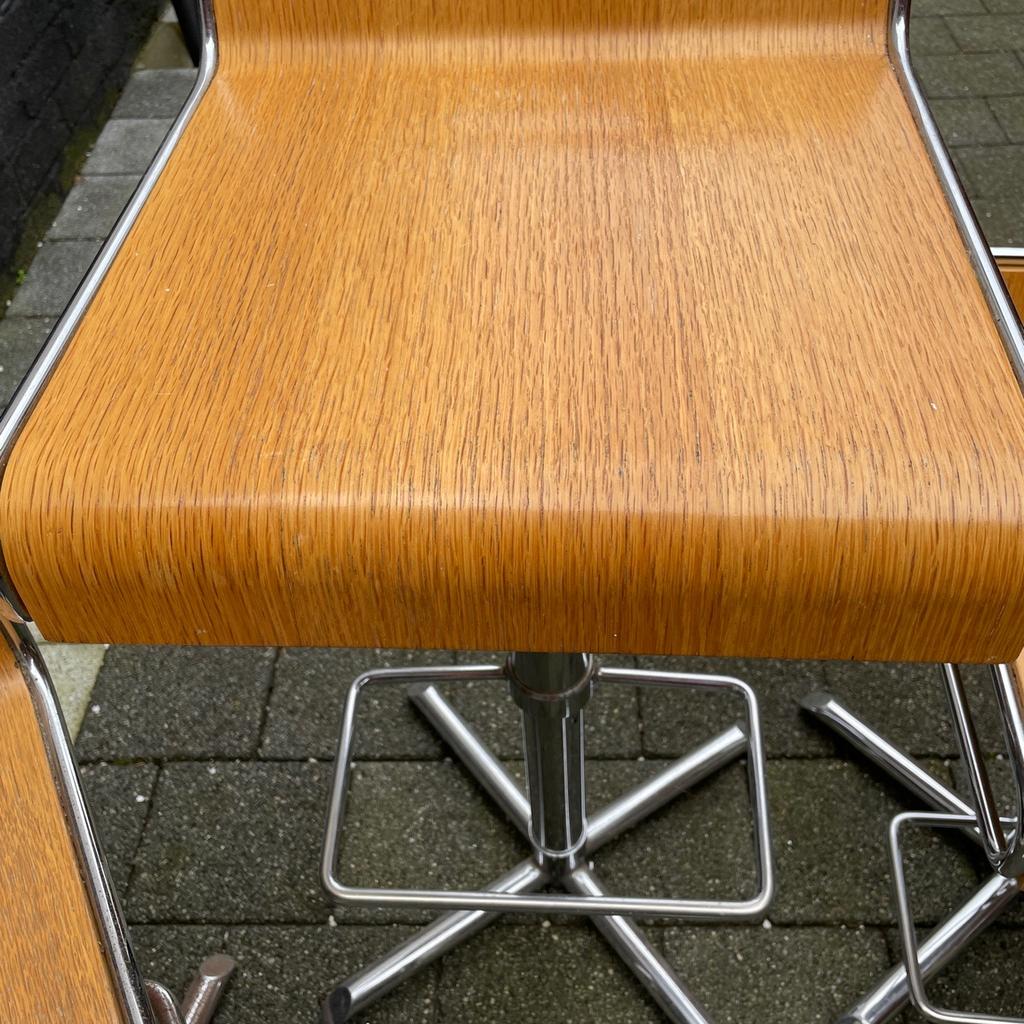 Originally purchased from John Lewis (about £100 each), 10+ yrs old and well used.
Condition is okay, however out of the 4 stools, the one in the last picture isn’t very good, with the chrome being heavily tarnished.

They all go up and down still.

They could all do with a good clean up, taking apart, sanding down and staining again maybe.

Collect only (Childwall L16)