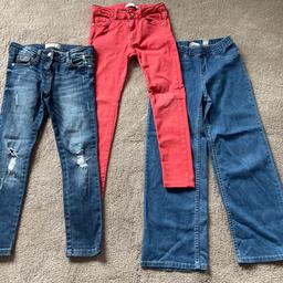 Bundle of girls jeans 
Blue skinny jeans with rips from Next - adjustable waist - age 8 - very good condition 
Red skinny jeans from Zara - adjustable waist - age 8 - good used condition, slightly faded 
Blue wide leg pull on super stretch jeans form H&M - age 7-8 years - very good condition 

* PLEASE VIEW MY OTHER ITEMS - HAPPY TO COMBINE POSTAGE *

** FROM A SMOKE FREE HOME **