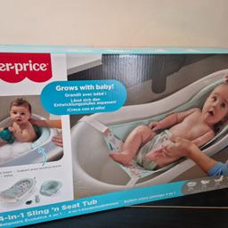 Fisher-price Sling & Seat Bath Tub adjusts to fit your growing baby. Soft mesh sling for newborns; Sit & play seat helps baby sit up; Lay and stay support helps to prevent slipping; Drain plug for easy drain & clean.

Item hardly used and in very good condition.

Collection from South Ruislip