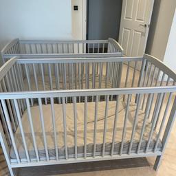 I have 2 toddler cot beds as I have twins. 

£50 each cot bed. 

Both cots are for sale and exactly the same with three adjustable levels for newborn up until toddler age. 

Can be bought together or separately. 

Both cots are in good condition with no defects just need a good wipe down. 

Comes with mattress and I have dissembled them for ease. 

Extremely light weight and very easy to put together. 

Very well looked after and mattresses are in very good condition as they have been protected by a mattress protector when purchased. 

Collection only