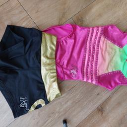 A suit my daughter wore to gymnastics. Originally around £60 as it's a professional suit and was the uniform.

The logo is from Hertford Gymnastics but can be worn with shorts to not reveal this.

Beautiful detail, sequins and colours.