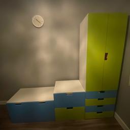 Blue and green IKEA Stuva Childrens bedroom furniture
Wardrobe and 4 draws, hanging rail and basket
2 drawer chest
Toy storage bench/Desk

Good condition
Bargain £80