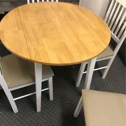 Kendal Solid Wood Extending Table & 4 Chairs fully assembled but all new was £249.99 and now £175 and we can deliver local 
Short on space? No problem! With our compact Kendal range, you can still make room for a dining nook (and hopefully dessert too! ) Made from hardwearing solid wood, with a natural finish, it provides the perfect perch for a bite to eat. Table size H75.5, W90, D90cmL90cm.
Size of table extended L90cm.
Integral table extension.
Drop leaf extension type.