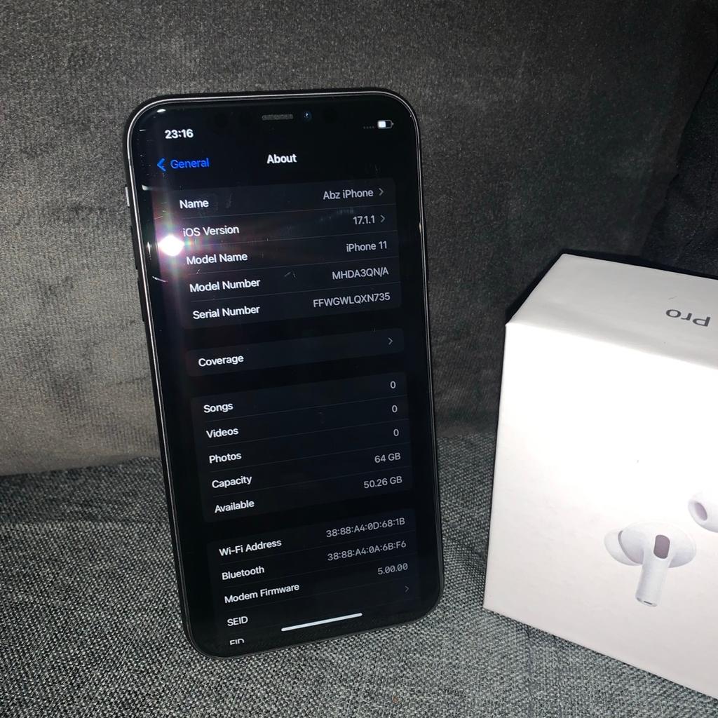 iPhone 11 64gb in black & a new pair of AirPods Pro 2nd Generation. Phone is in excellent condition, no cracks & everything works as should. Battery life is at 99% also it’s unlocked to all networks.

£220 cash/transfer on collection & local delivery is possible for a small fee.

OTHER PHONES:
iPhone 11 128GB + AirPods - £240
iPhone XR 64GB boxed + AirPods - £200
iPhone XS 64GB + AirPods - £180
Google Pixel 3 64GB boxed + AirPods - £100