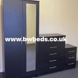 Brand new fully assembled nova wardrobe with mirror, Chest and bedside £450.00

Picture shows Matte Black 

Other colours also available 
White
Grey 
Walnut 
Oak effect 

1 Shelf and 1 hanging rail inside wardrobe 
On metal casters 
Fully assembled ready to use 

B&W BEDS 

Unit 1-2 Parkgate court 
The gateway industrial estate
Parkgate 
Rotherham
S62 6JL 
01709 208200
Website - bwbeds.co.uk 
Facebook - Bargainsdelivered Woodmanfurniture

Free delivery to anywhere in South Yorkshire Chesterfield and Worksop 

Same day delivery available on stock items when ordered before 1pm (excludes sundays)

Shop opening hours - Monday - Friday 10-6PM  Saturday 10-5PM Sunday 11-3pm