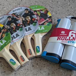 4 new table tennis bats and new 600 strap rollnet (2 meters wide), attach to desks or most level surfaces (New)