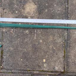 Green plastic covered Link stakes for supporting plants.
I have the following sizes for sale.
90 x 25 cms 1 set of 5 (£10.00 each set);
75 x 38 cms 2 sets of 6 (9.00 each set);
50 x 38 cms 1 set of 5 (£5.00)