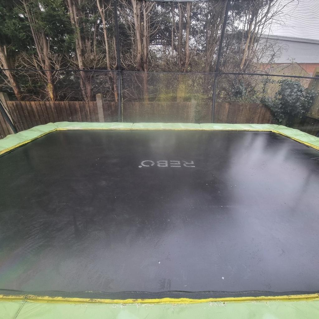 10 x 14 trampoline, weathered but in good condition. Surround netting still good and sturdy with one or two bilts missing from the double bolted bars. Jet washed clean after being out during winter. pick up only